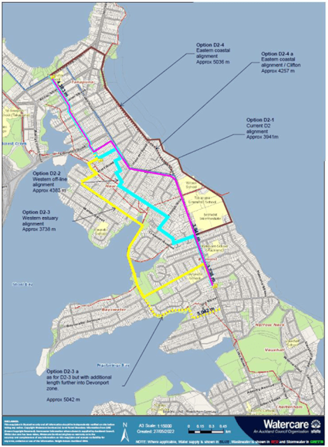 Map showing options investigated for Devonport watermain replacement
