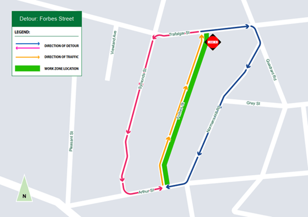Map showing the detours that will be in place in Onehunga for watermain replacement work