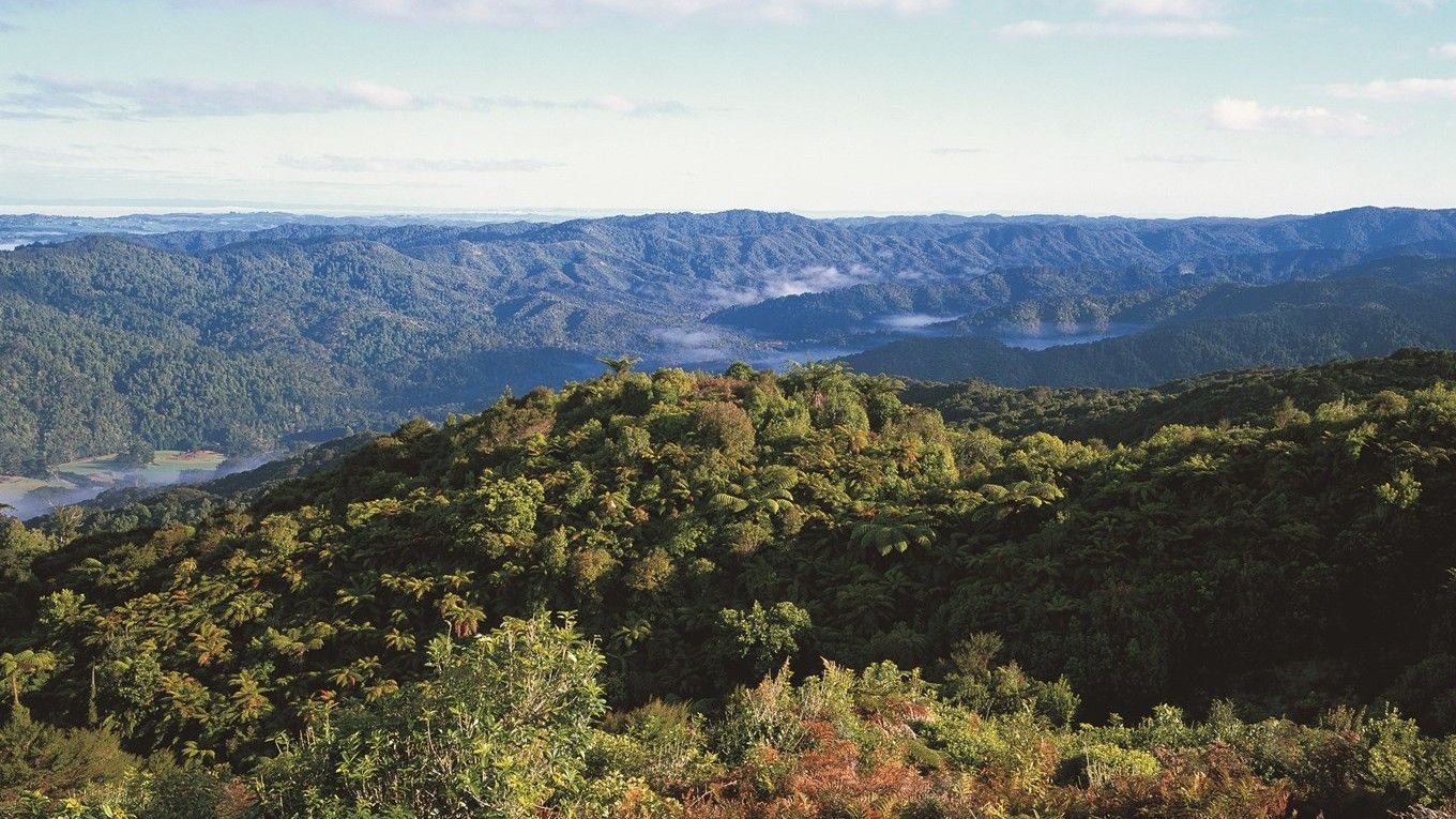 Photo showing the Hunua Ranges with a water supply dam in the distance