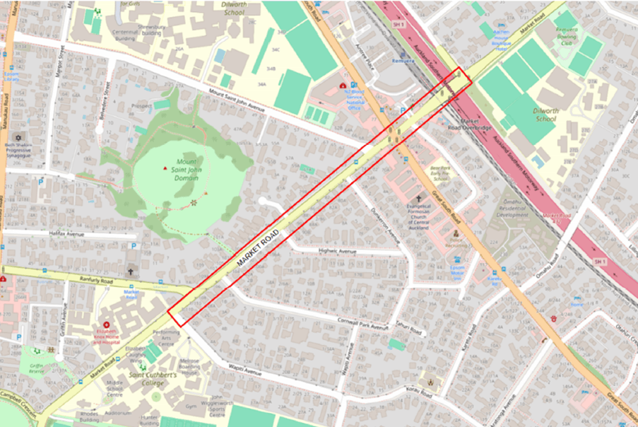 Map showing where Watercare will replace watermain on Market Rd in Epsom.