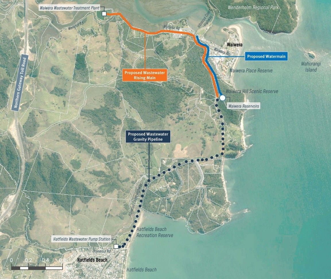 Map showing Watercare's plans to transform Waiwera's water and wastewater servicing