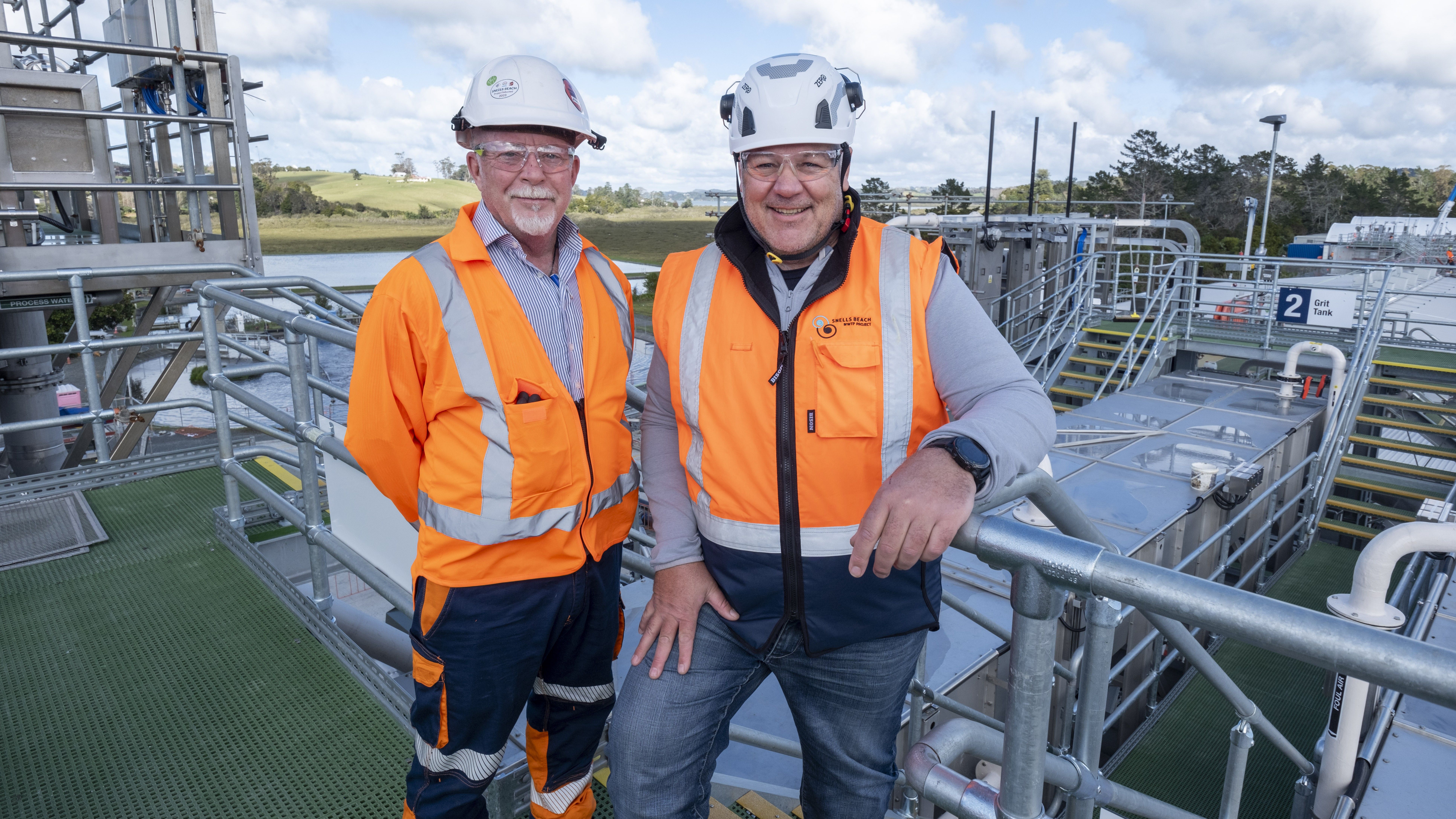 Photo of two men in high-vis at Snells Beach Wastewater Treatment Plant