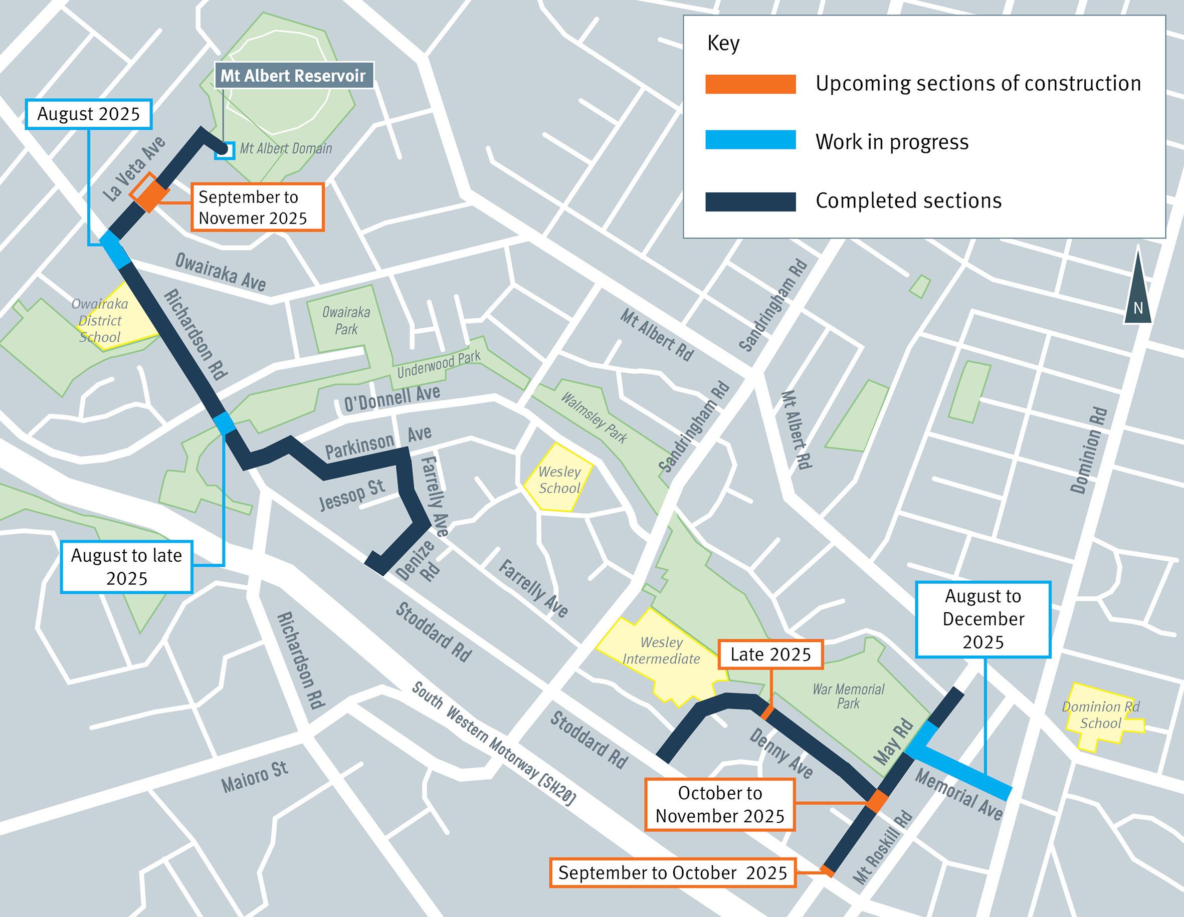 Map showing where Watercare's Wesley water upgrades are taking place in Mt Roskill
