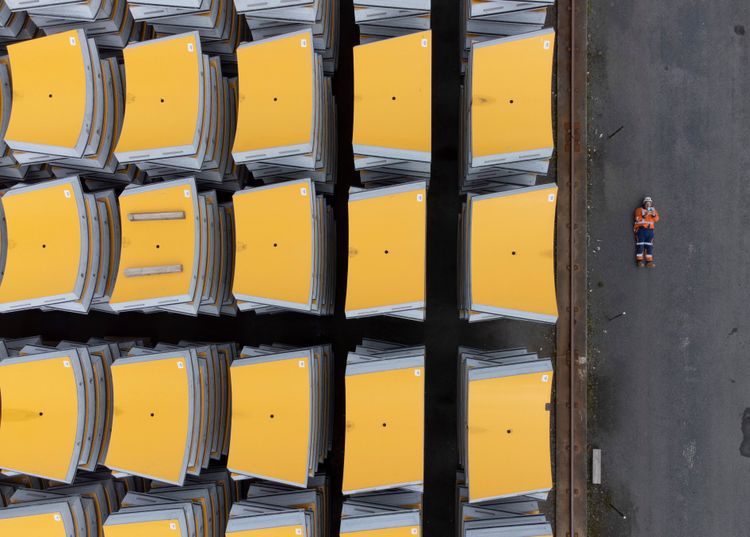 Drone shot of tunnel segments in storage area at Wilson’s Group concrete factory – East Tāmaki 2023