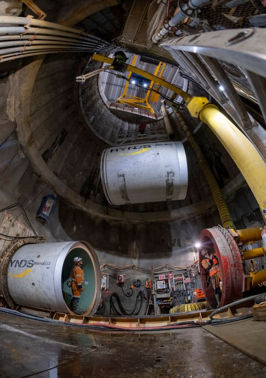Tunnel sections are lowered into the shaft, ready to be pipe-jacked into place, to create Link Sewer C – Blockhouse Bay 2022 